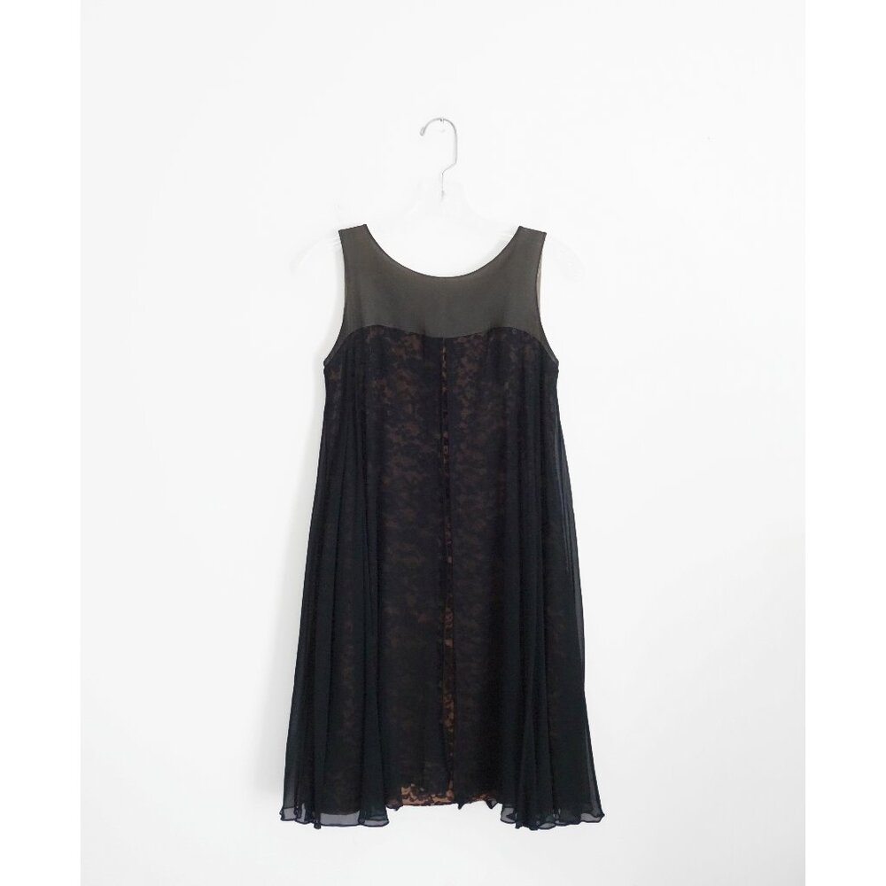 Vtg 60s Another Pettisize Jr Beige Black Lace Black Georgette Overlay Dress XS